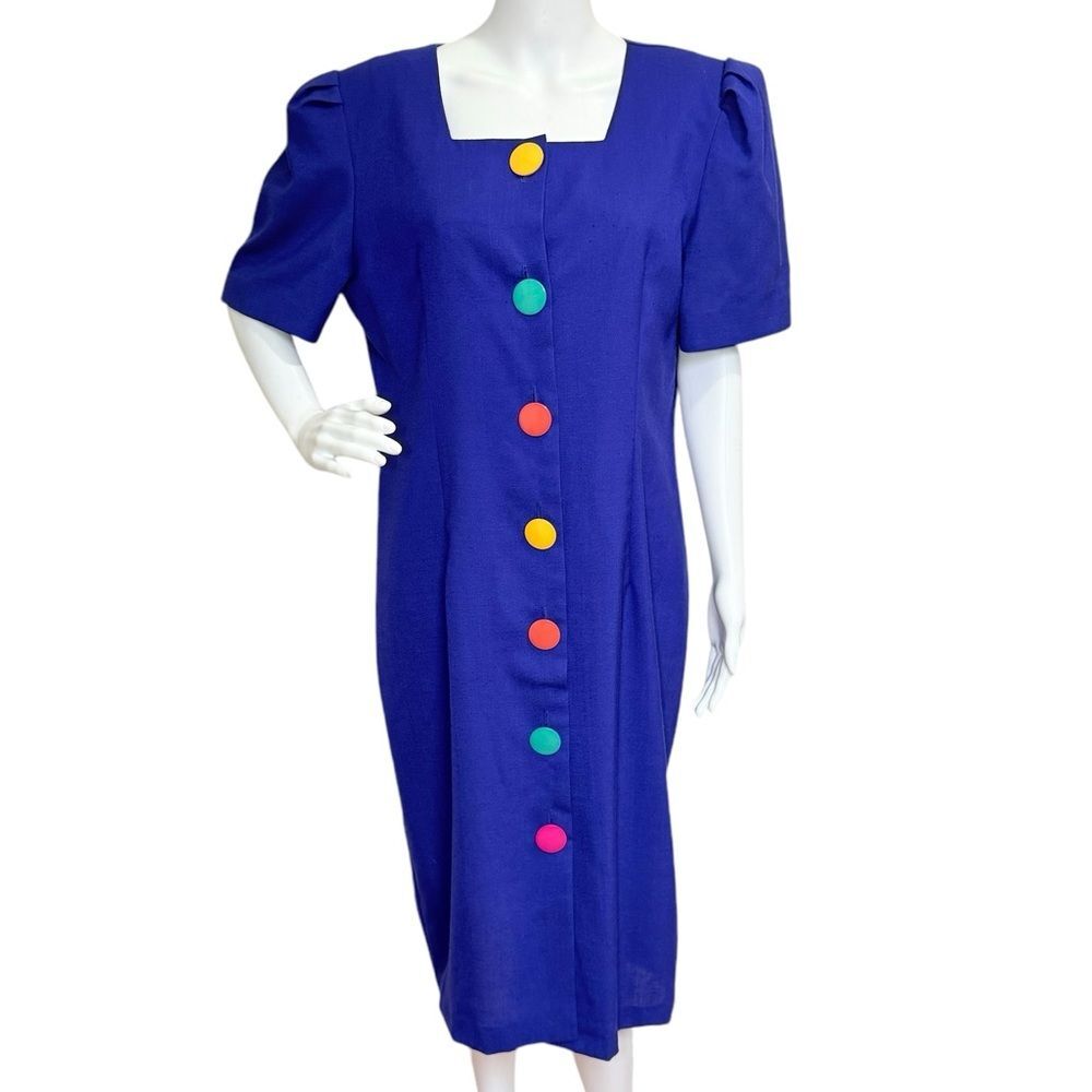 NWT Vintage Periwinkle Midi Dress Purple Large Rainbow Buttons Sz 16 USA